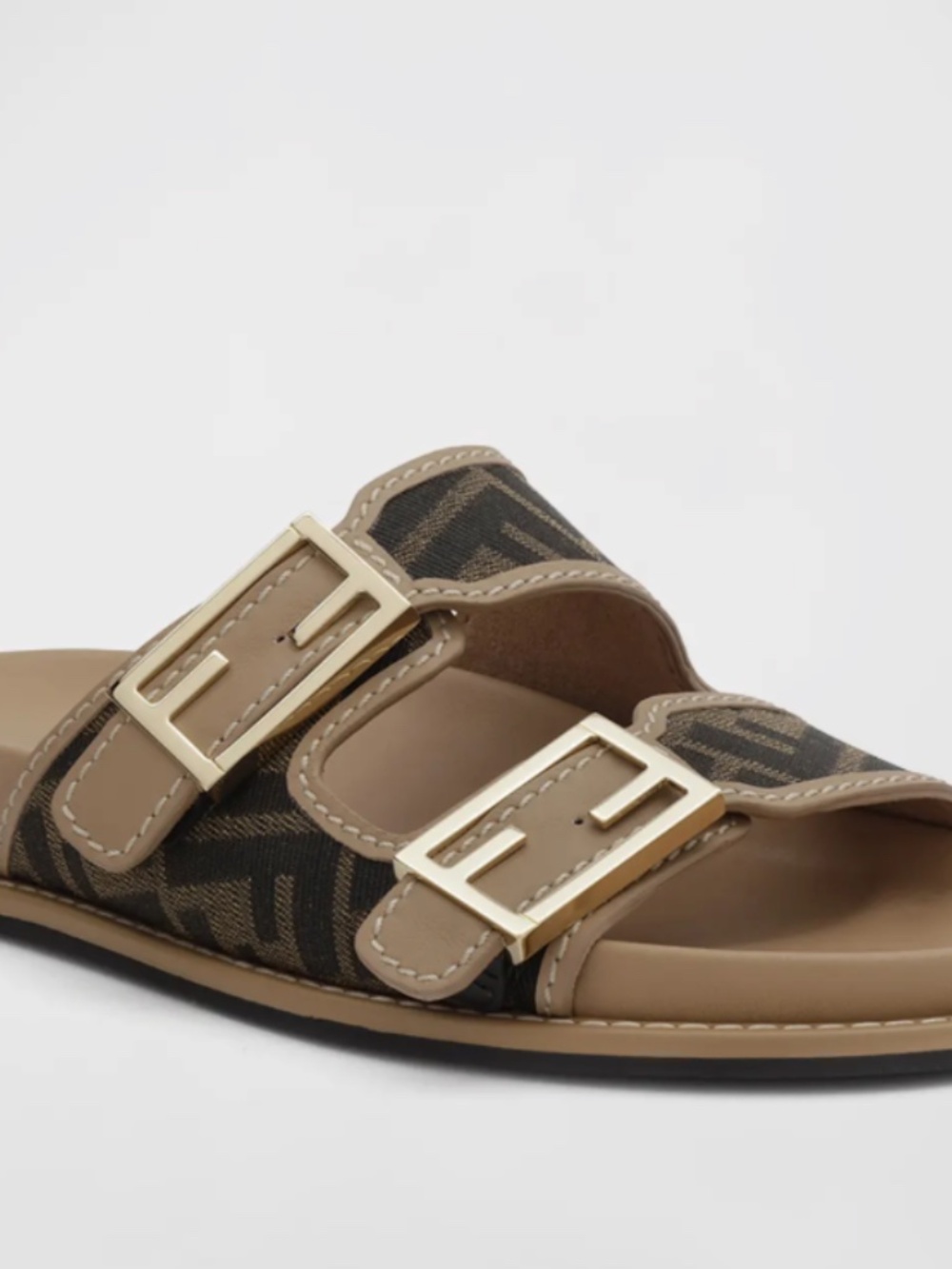 New, Fendi Feel Jacquard Dual Buckle Slide Sandals, Size 40, Brown